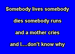 Somebody lives somebody
dies somebody runs

and a mother cries

and I....don t know why