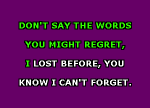 DON'T SAY THE WORDS
YOU MIGHT REGRET,
I LOST BEFORE, YOU

KNOW I CAN'T FORGET.