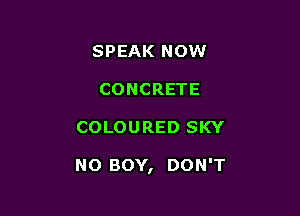 SPEAK NOW
CONCRETE

COLOURED SKY

NO BOY, DON'T