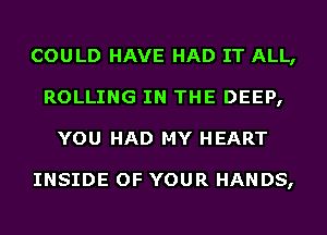 COULD HAVE HAD IT ALL,
ROLLING IN THE DEEP,
YOU HAD MY HEART

INSIDE OF YOUR HANDS,