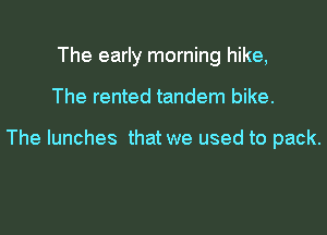 The early morning hike,

The rented tandem bike.

The lunches that we used to pack.