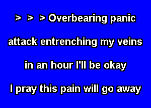 Overbearing panic
attack entrenching my veins
in an hour I'll be okay

I pray this pain will go away