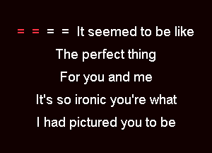 It seemed to be like
The perfect thing
For you and me

It's so ironic you're what

I had pictured you to be