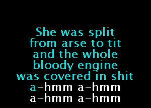 She was split
from arse t0 tit
and the whole
bloody engine .

was covered In shlt

a-hmm a-hmm
a-hmm a-hmm l