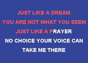 JUST LIKE A DREAM
YOU ARE NOT WHAT YOU SEEM
JUST LIKE A PRAYER
NO CHOICE YOUR VOICE CAN
TAKE ME THERE