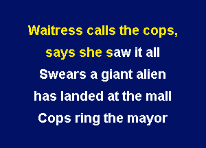 Waitress calls the cops,
says she saw it all
Swears a giant alien
has landed at the mall

Cops ring the mayor