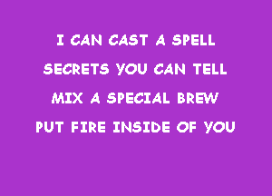 I CAN CAST A SPELL
SECRETS YOU CAN TELL
MIX A SPECIAL BREW
PUT FIRE INSIDE OF YOU