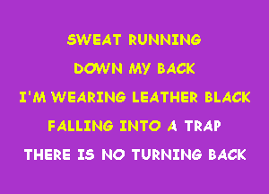 SWEAT RUNNING
DOWN MY BACK
I'M WEARING LEATHER BLACK
FALLING INTO A TRAP
THERE IS NO TURNING BACK