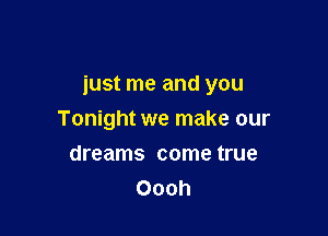 Here I am

just me and you

Tonight we make our
dreams come true