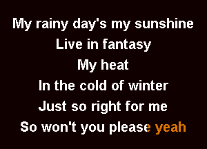 My rainy day's my sunshine
Live in fantasy
My heat

In the cold of winter
Just so right for me
So won't you please yeah