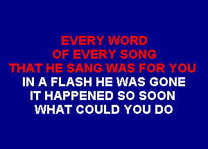 IN A FLASH HE WAS GONE
IT HAPPENED SO SOON
WHAT COULD YOU DO