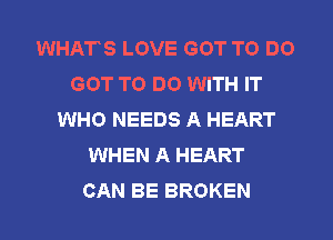 WHATS LOVE GOT TO DO
GOT TO DO WITH IT
WHO NEEDS A HEART
WHEN A HEART
CAN BE BROKEN