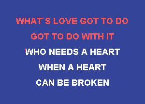 WHATS LOVE GOT TO DO
GOT TO DO WITH IT
WHO NEEDS A HEART
WHEN A HEART
CAN BE BROKEN