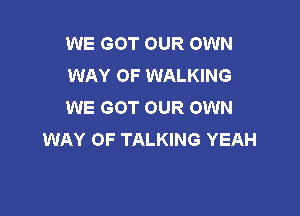 WE GOT OUR OWN
WAY OF WALKING
WE GOT OUR OWN

WAY OF TALKING YEAH