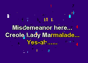 - ll
' I I)! ll
Misdemeanor here...

Creolqi hac'l'y Marmalade...
Yes-afr ...... ' '

V . I