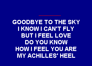 GOODBYE TO THE SKY
I KNOW I CAN'T FLY
BUT I FEEL LOVE
DO YOU KNOW
HOW I FEEL YOU ARE
MY ACHILLES' HEEL