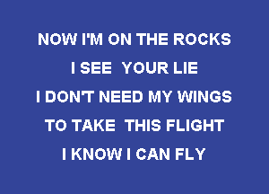 NOW I'M ON THE ROCKS
I SEE YOUR LIE
I DON'T NEED MY WINGS
TO TAKE THIS FLIGHT
I KNOW I CAN FLY