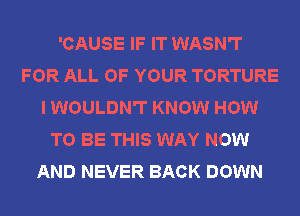 'CAUSE IF IT WASN'T
FOR ALL OF YOUR TORTURE
I WOULDN'T KNOW HOW
TO BE THIS WAY NOW
AND NEVER BACK DOWN