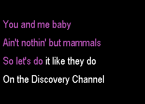 You and me baby

Ain't nothin' but mammals

So lefs do it like they do

On the Discovery Channel