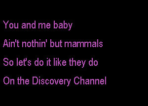You and me baby

Ain't nothin' but mammals

So lefs do it like they do

On the Discovery Channel