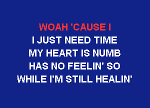 I JUST NEED TIME
MY HEART IS NUMB
HAS NO FEELIN' SO

WHILE I'M STILL HEALIN'