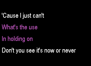 'Cause I just can't
Whafs the use

In holding on

Don't you see it's now or never