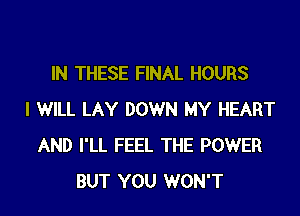 IN THESE FINAL HOURS
I WILL LAY DOWN MY HEART
AND I'LL FEEL THE POWER
BUT YOU WON'T