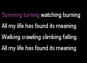 Spinning turning watching burning
All my life has found its meaning
Walking crawling climbing falling

All my life has found its meaning