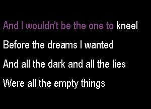 And I wouldn't be the one to kneel

Before the dreams I wanted
And all the dark and all the lies

Were all the empty things