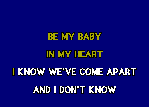 BE MY BABY

IN MY HEART
I KNOW WE'VE COME APART
AND I DON'T KNOW