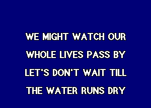 WE MIGHT WATCH OUR

WHOLE LIVES PASS BY
LET'S DON'T WAIT TILL
THE WATER RUNS DRY