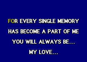 FOR EVERY SINGLE MEMORY

HAS BECOME A PART OF ME
YOU WILL ALWAYS BE...
MY LOVE...