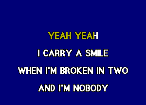 YEAH YEAH

I CARRY A SMILE
WHEN I'M BROKEN IN TWO
AND I'M NOBODY