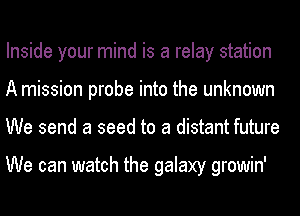 Inside your mind is a relay station
A mission probe into the unknown
We send a seed to a distant future

We can watch the galaxy growin'