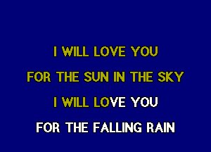 I WILL LOVE YOU

FOR THE SUN IN THE SKY
I WILL LOVE YOU
FOR THE FALLING RAIN