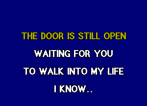 THE DOOR IS STILL OPEN

WAITING FOR YOU
TO WALK INTO MY LIFE
I KNOW..