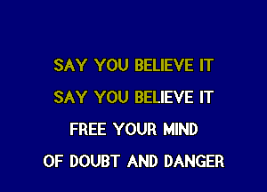 SAY YOU BELIEVE IT

SAY YOU BELIEVE IT
FREE YOUR MIND
0F DOUBT AND DANGER
