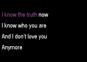I know the truth now

I know who you are

And I don t love you

Anymore