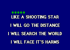 LIKE A SHOOTING STAR

I WILL GO THE DISTANCE
I WILL SEARCH THE WORLD
I WILL FACE IT'S HARMS