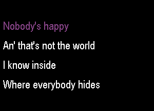 Nobodst happy
An' that's not the world

I know inside

Where everybody hides