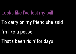 Looks like I've lost my will

To carry on my friend she said

I'm like a posse

That's been ridin' for days