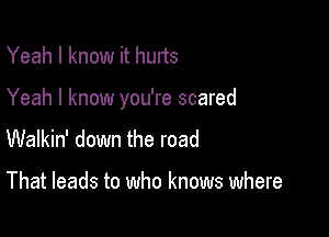 Yeah I know it hurts

Yeah I know you're scared

Walkin' down the road

That leads to who knows where