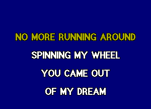 NO MORE RUNNING AROUND

SPINNING MY WHEEL
YOU CAME OUT
OF MY DREAM