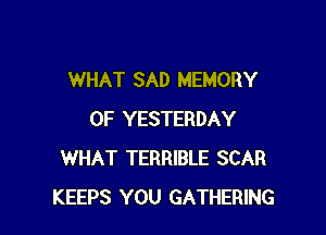 WHAT SAD MEMORY

OF YESTERDAY
WHAT TERRIBLE SCAR
KEEPS YOU GATHERING