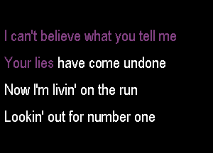 I can't believe what you tell me

Your lies have come undone
Now I'm livin' on the run

Lookin' out for number one