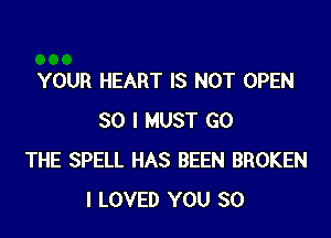 YOUR HEART IS NOT OPEN
SO I MUST GO
THE SPELL HAS BEEN BROKEN
I LOVED YOU SO