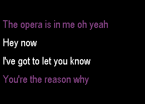 The opera is in me oh yeah

Hey now

I've got to let you know

You're the reason why