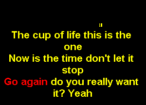 ll

The cup of life this is the
one

Now is the time don't let it

stop
Go again do you really want
it? Yeah