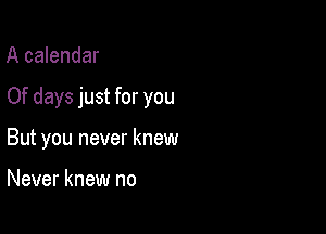 A calendar

Of days just for you

But you never knew

Never knew no