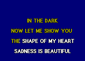 IN THE DARK

NOW LET ME SHOW YOU
THE SHAPE OF MY HEART
SADNESS IS BEAUTIFUL